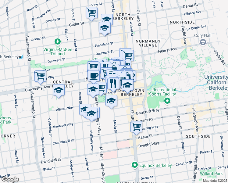 map of restaurants, bars, coffee shops, grocery stores, and more near 1972-1998 Center Street in Berkeley