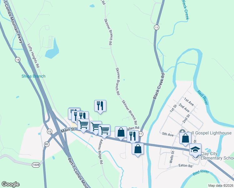 map of restaurants, bars, coffee shops, grocery stores, and more near 281 Skinner Branch Road in Clay City