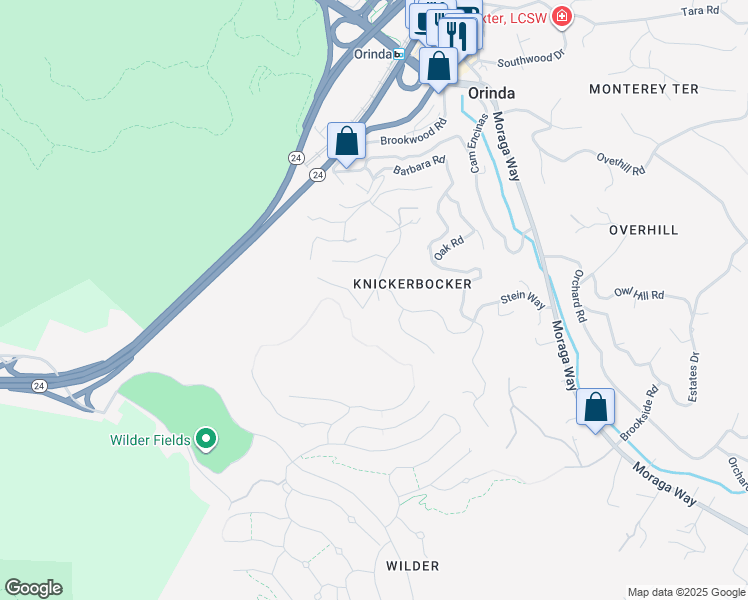 map of restaurants, bars, coffee shops, grocery stores, and more near 53 Knickerbocker Lane in Orinda