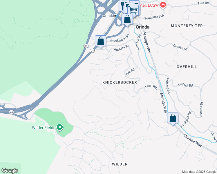 map of restaurants, bars, coffee shops, grocery stores, and more near 53 Knickerbocker Lane in Orinda