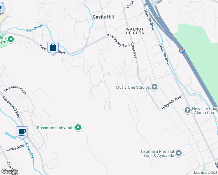 map of restaurants, bars, coffee shops, grocery stores, and more near 250 Castle Hill Ranch Road in Walnut Creek