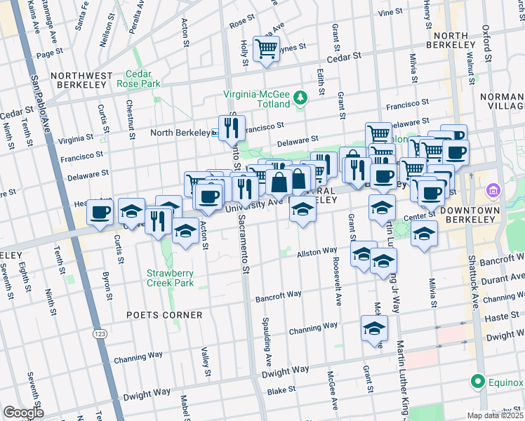 map of restaurants, bars, coffee shops, grocery stores, and more near 1598 University Avenue in Berkeley