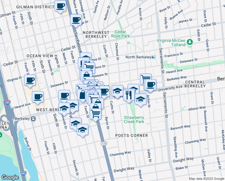 map of restaurants, bars, coffee shops, grocery stores, and more near 1221 University Avenue in Berkeley