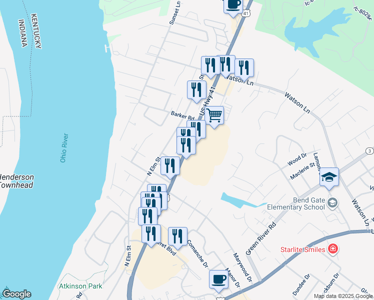 map of restaurants, bars, coffee shops, grocery stores, and more near 2452 U.S. 41 in Henderson