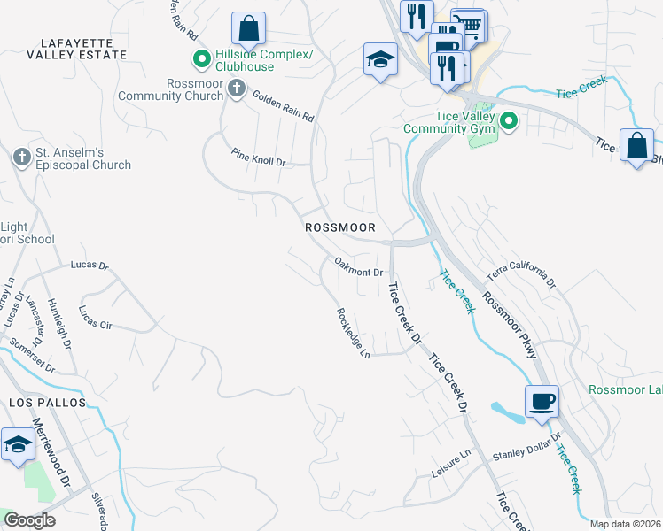 map of restaurants, bars, coffee shops, grocery stores, and more near 1565 Rockledge Lane in Walnut Creek