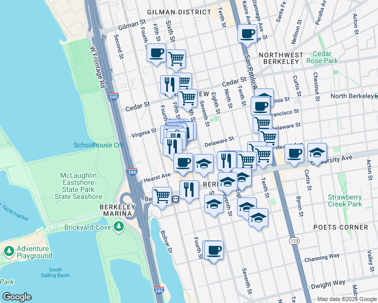 map of restaurants, bars, coffee shops, grocery stores, and more near 800 Delaware Street in Berkeley