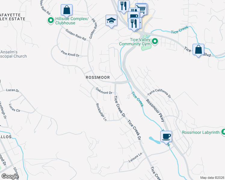 map of restaurants, bars, coffee shops, grocery stores, and more near 1100 Oakmont Drive in Walnut Creek