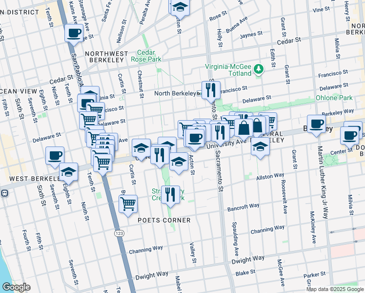map of restaurants, bars, coffee shops, grocery stores, and more near 1399 University Avenue in Berkeley