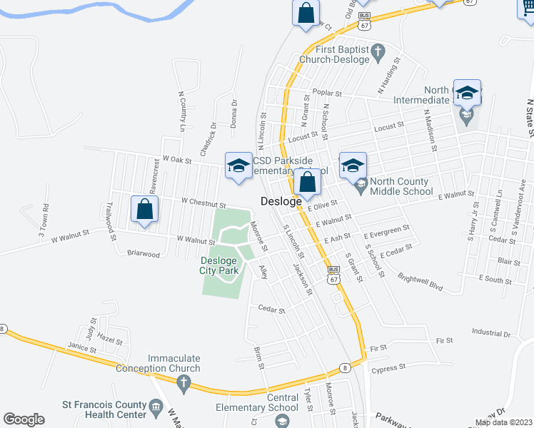 map of restaurants, bars, coffee shops, grocery stores, and more near 109 Jackson Street in Desloge