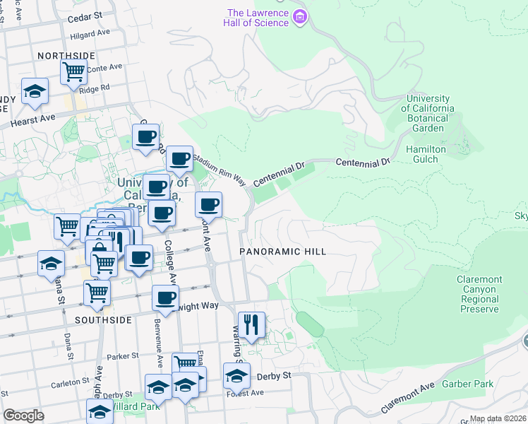 map of restaurants, bars, coffee shops, grocery stores, and more near 49 Canyon Road in Berkeley