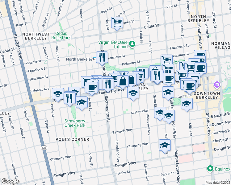 map of restaurants, bars, coffee shops, grocery stores, and more near 1598 University Avenue in Berkeley