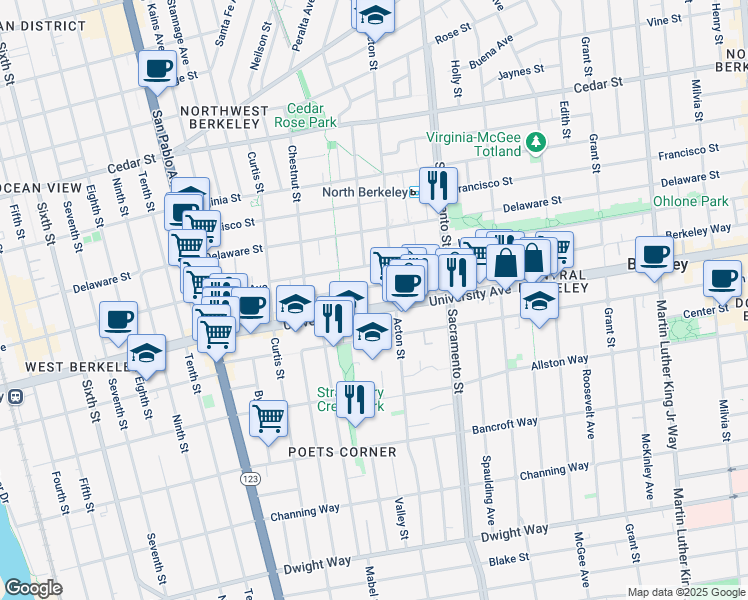 map of restaurants, bars, coffee shops, grocery stores, and more near 1399 University Avenue in Berkeley