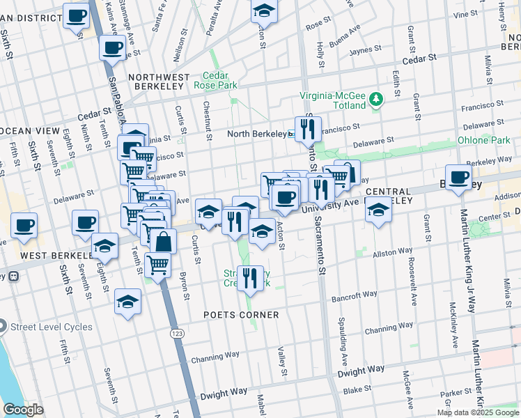 map of restaurants, bars, coffee shops, grocery stores, and more near 1326 Berkeley Way in Berkeley