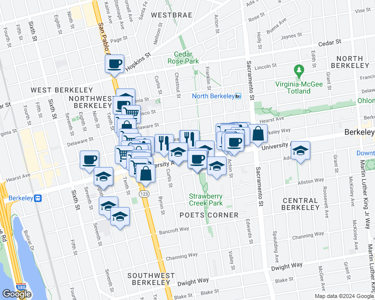 map of restaurants, bars, coffee shops, grocery stores, and more near in Berkeley