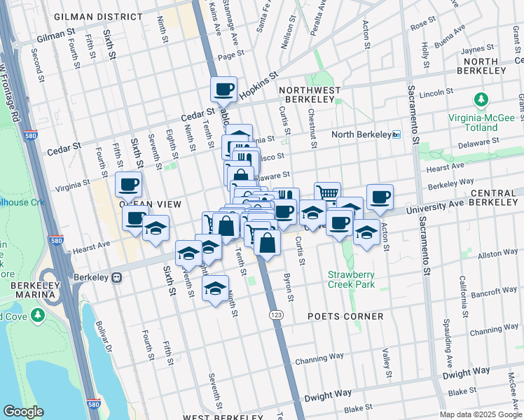 map of restaurants, bars, coffee shops, grocery stores, and more near 1095 Hearst Avenue in Berkeley