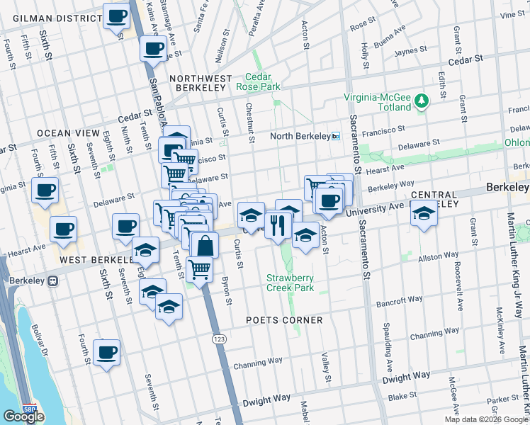 map of restaurants, bars, coffee shops, grocery stores, and more near in Berkeley