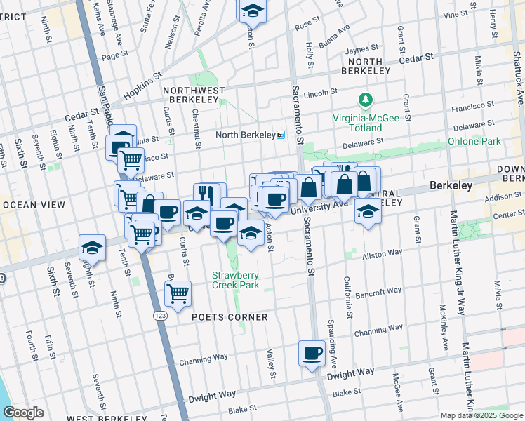 map of restaurants, bars, coffee shops, grocery stores, and more near 1399 University Avenue in Berkeley