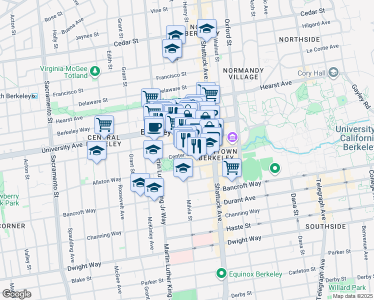 map of restaurants, bars, coffee shops, grocery stores, and more near 1972-1998 Center Street in Berkeley