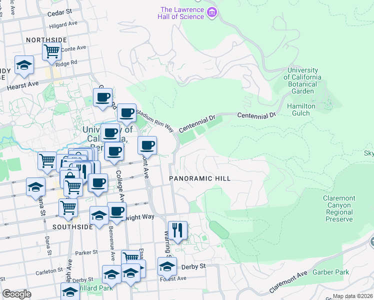 map of restaurants, bars, coffee shops, grocery stores, and more near 49 Canyon Road in Berkeley