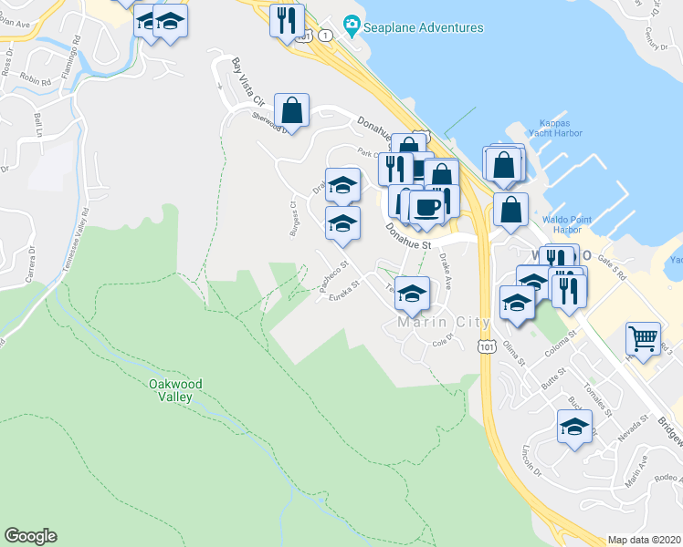map of restaurants, bars, coffee shops, grocery stores, and more near 15 Pacheco Street in Sausalito