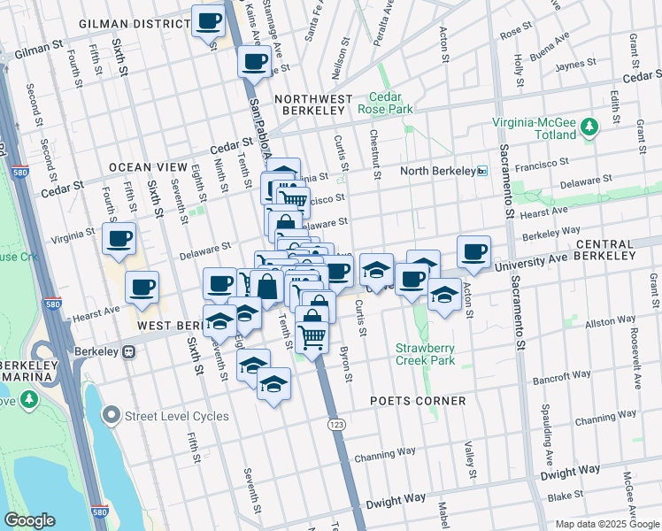 map of restaurants, bars, coffee shops, grocery stores, and more near 1150 Hearst Avenue in Berkeley