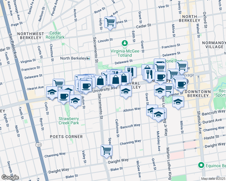 map of restaurants, bars, coffee shops, grocery stores, and more near 1598 University Avenue in Berkeley
