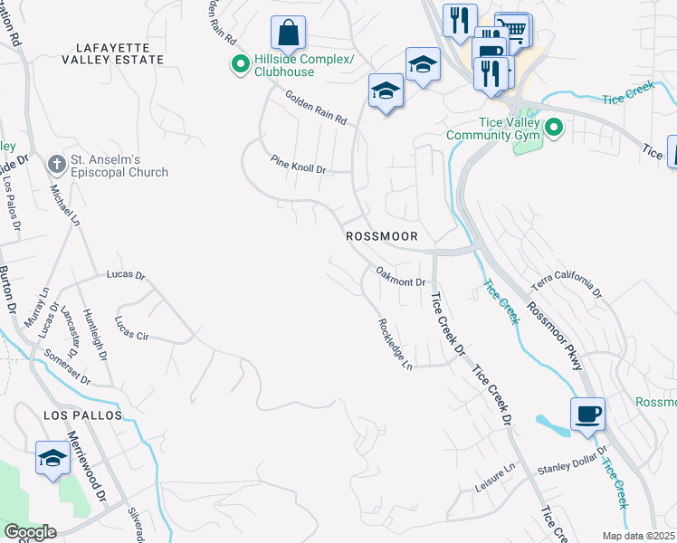 map of restaurants, bars, coffee shops, grocery stores, and more near 1443 Rockledge Lane in Walnut Creek
