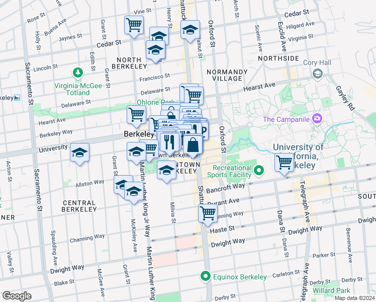 map of restaurants, bars, coffee shops, grocery stores, and more near in Berkeley