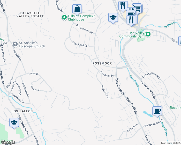map of restaurants, bars, coffee shops, grocery stores, and more near 1443 Rockledge Lane in Walnut Creek