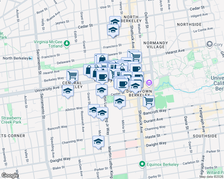 map of restaurants, bars, coffee shops, grocery stores, and more near 1900 Addison Street in Berkeley