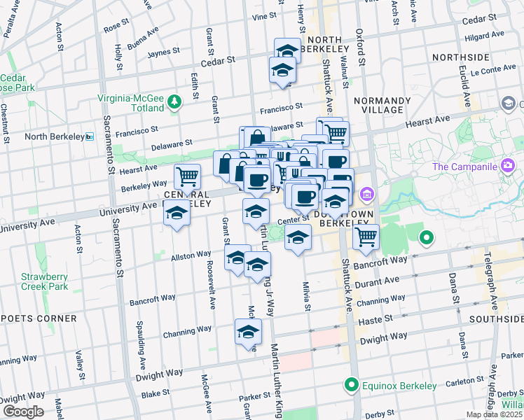 map of restaurants, bars, coffee shops, grocery stores, and more near 1900 Addison Street in Berkeley