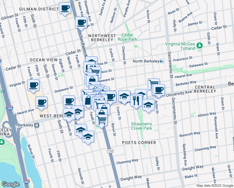 map of restaurants, bars, coffee shops, grocery stores, and more near 1221 University Avenue in Berkeley