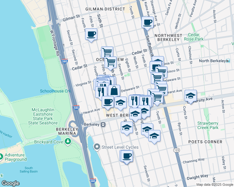 map of restaurants, bars, coffee shops, grocery stores, and more near 1803 Sixth Street in Berkeley