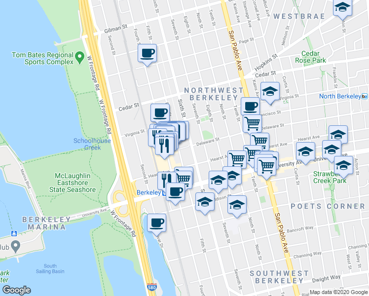 map of restaurants, bars, coffee shops, grocery stores, and more near 805 Delaware Street in Berkeley