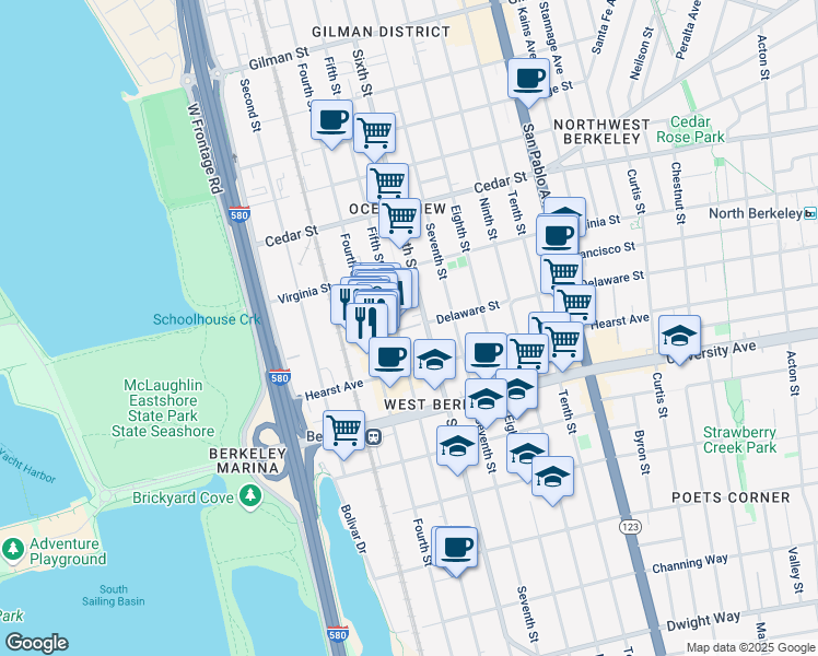 map of restaurants, bars, coffee shops, grocery stores, and more near 805 Delaware Street in Berkeley