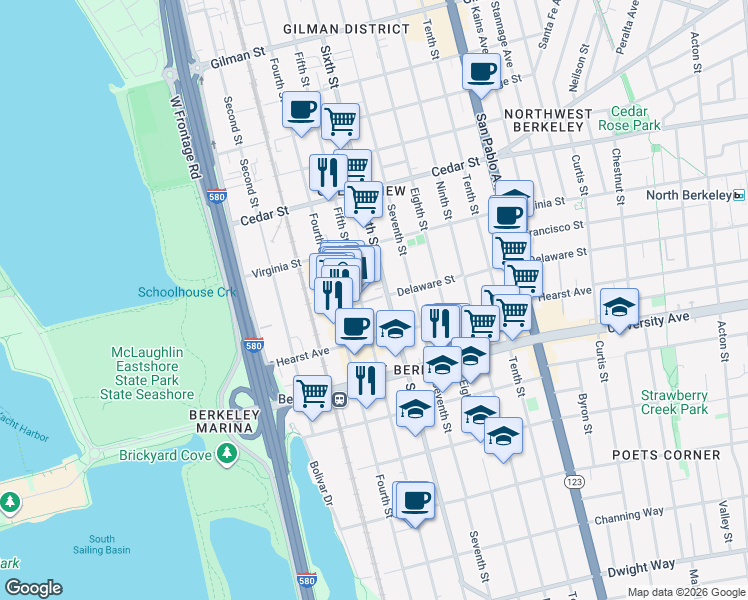 map of restaurants, bars, coffee shops, grocery stores, and more near 1803 5th Street in Berkeley