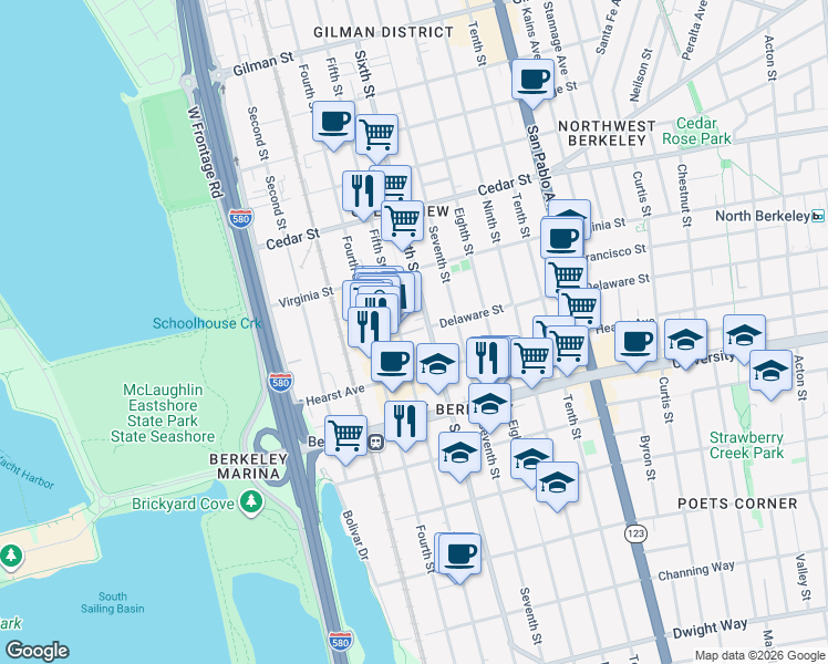 map of restaurants, bars, coffee shops, grocery stores, and more near 800 Delaware Street in Berkeley