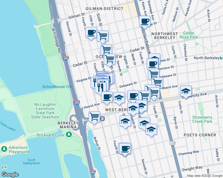 map of restaurants, bars, coffee shops, grocery stores, and more near 805 Delaware Street in Berkeley