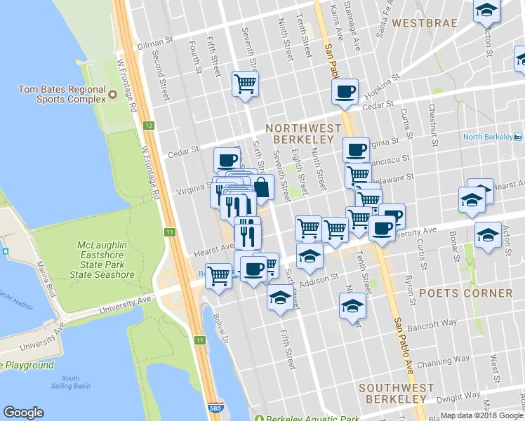 map of restaurants, bars, coffee shops, grocery stores, and more near 1803 5th Street in Berkeley