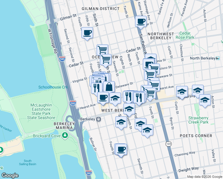 map of restaurants, bars, coffee shops, grocery stores, and more near 820 Delaware Street in Berkeley