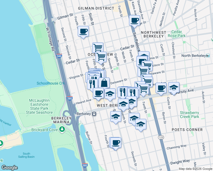 map of restaurants, bars, coffee shops, grocery stores, and more near 820 Delaware Street in Berkeley