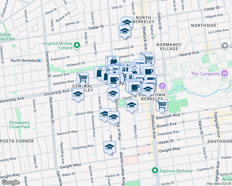 map of restaurants, bars, coffee shops, grocery stores, and more near 2109 Martin Luther King Junior Way in Berkeley