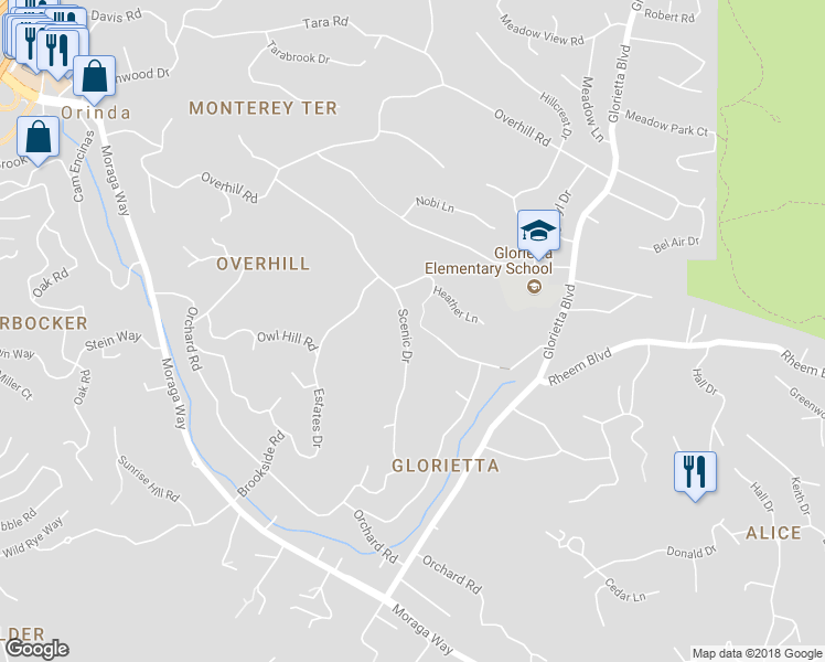 map of restaurants, bars, coffee shops, grocery stores, and more near 82 Scenic Drive in Orinda