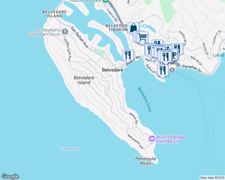 map of restaurants, bars, coffee shops, grocery stores, and more near 241 Bayview Avenue in Belvedere