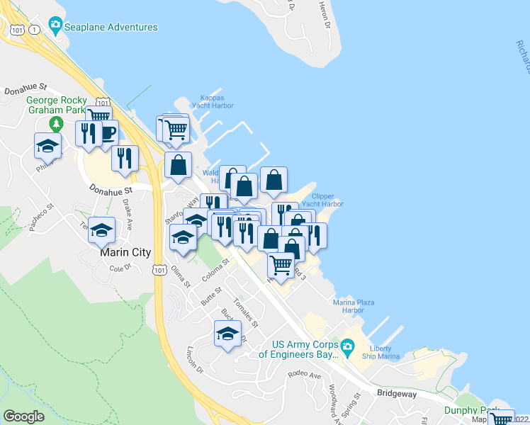 map of restaurants, bars, coffee shops, grocery stores, and more near 265 Gate 5 Road in Sausalito