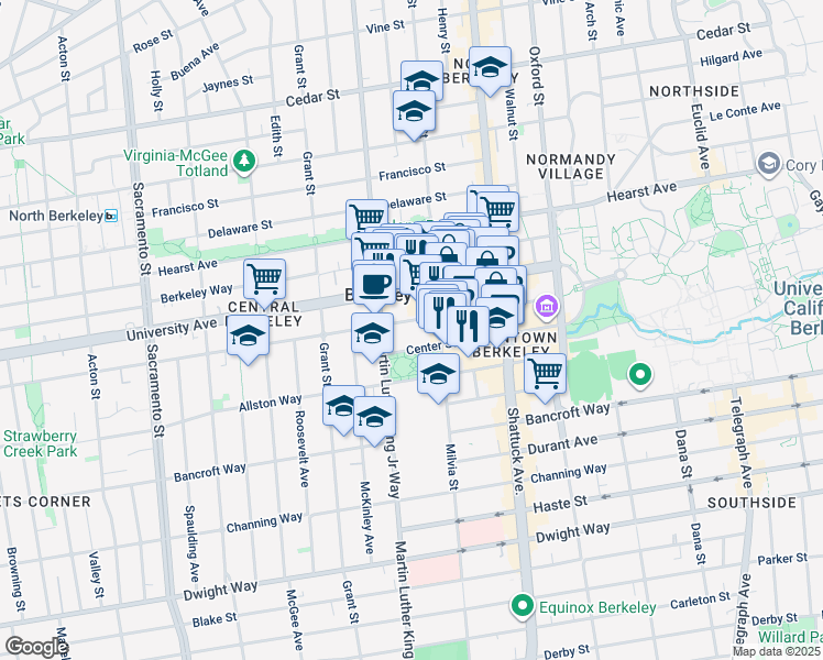 map of restaurants, bars, coffee shops, grocery stores, and more near 1972-1998 Center Street in Berkeley