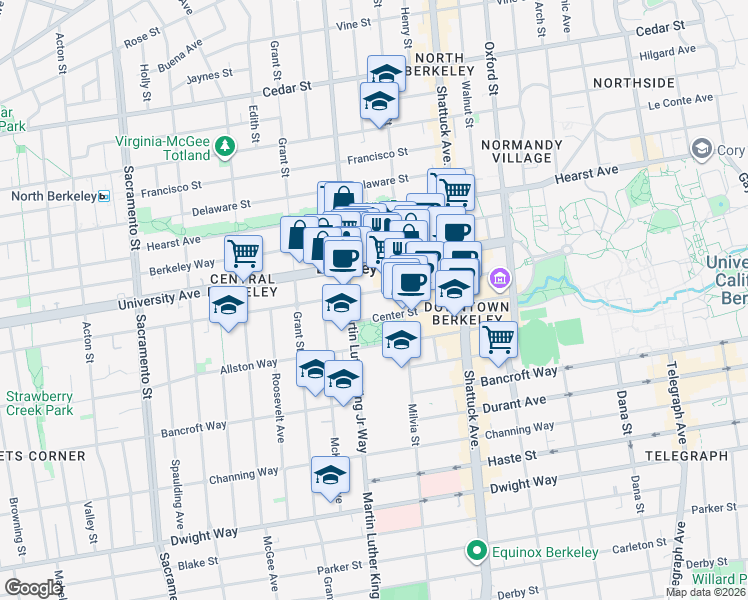 map of restaurants, bars, coffee shops, grocery stores, and more near 1950 Addison Street in Berkeley