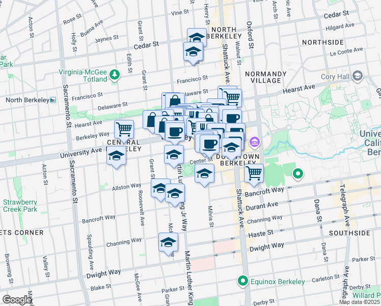 map of restaurants, bars, coffee shops, grocery stores, and more near 1950 Addison Street in Berkeley