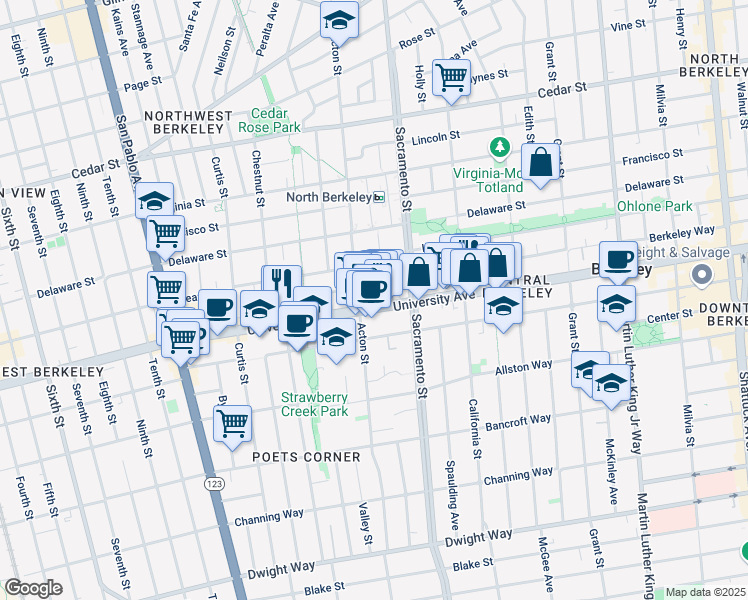 map of restaurants, bars, coffee shops, grocery stores, and more near 1441 University Avenue in Berkeley