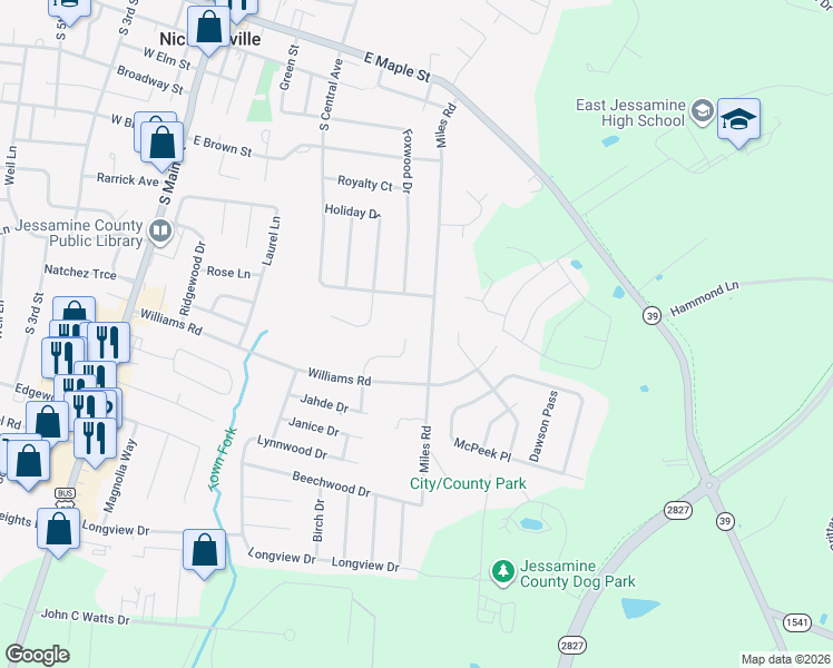 map of restaurants, bars, coffee shops, grocery stores, and more near 136 Lowell Court in Nicholasville
